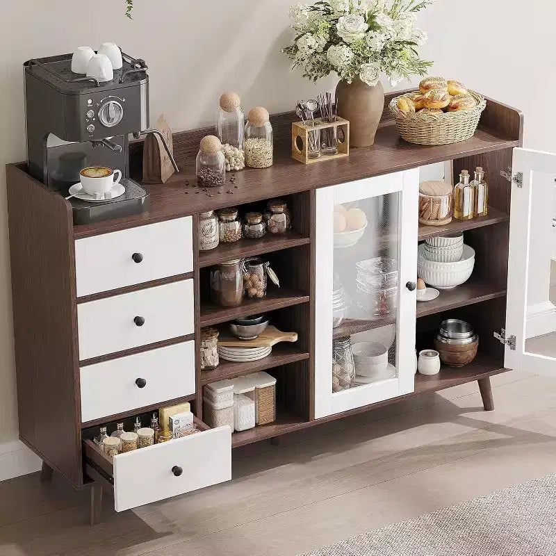 Mobile da Caffè da Fattoria con Contenitore, Credenza da Cucina da 55 con Ante in Vetro e Scaffali Aperti, Mobile Contenitore in Legno