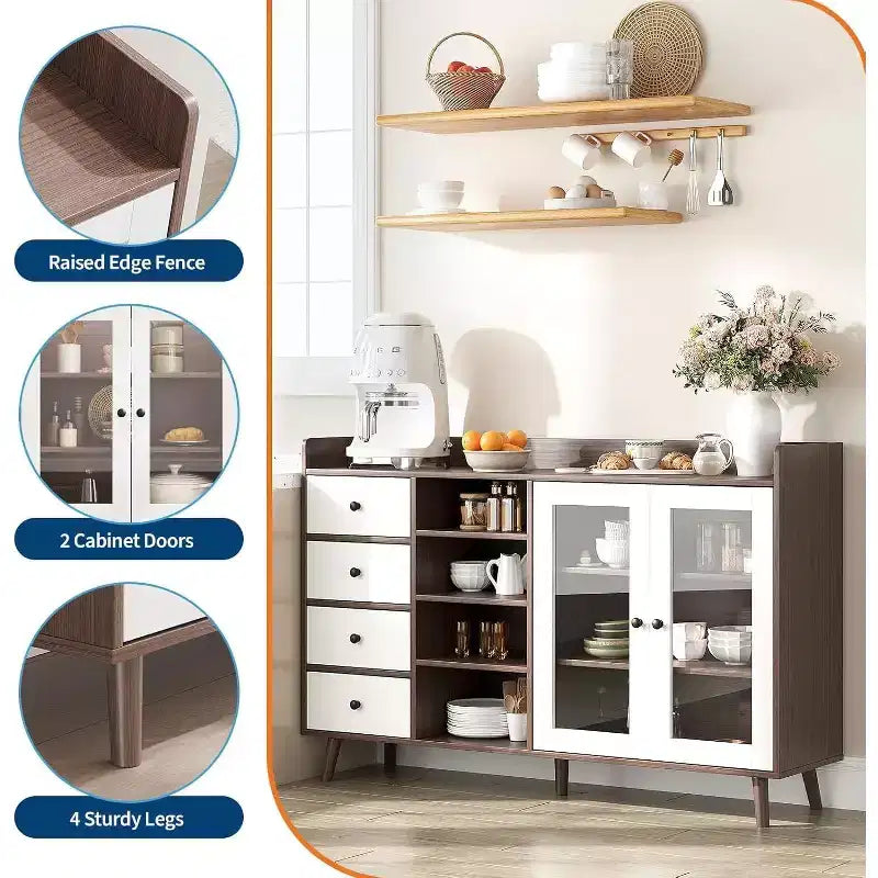 Mobile da Caffè da Fattoria con Contenitore, Credenza da Cucina da 55 con Ante in Vetro e Scaffali Aperti, Mobile Contenitore in Legno