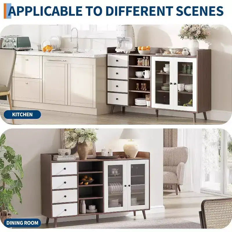 Mobile da Caffè da Fattoria con Contenitore, Credenza da Cucina da 55 con Ante in Vetro e Scaffali Aperti, Mobile Contenitore in Legno