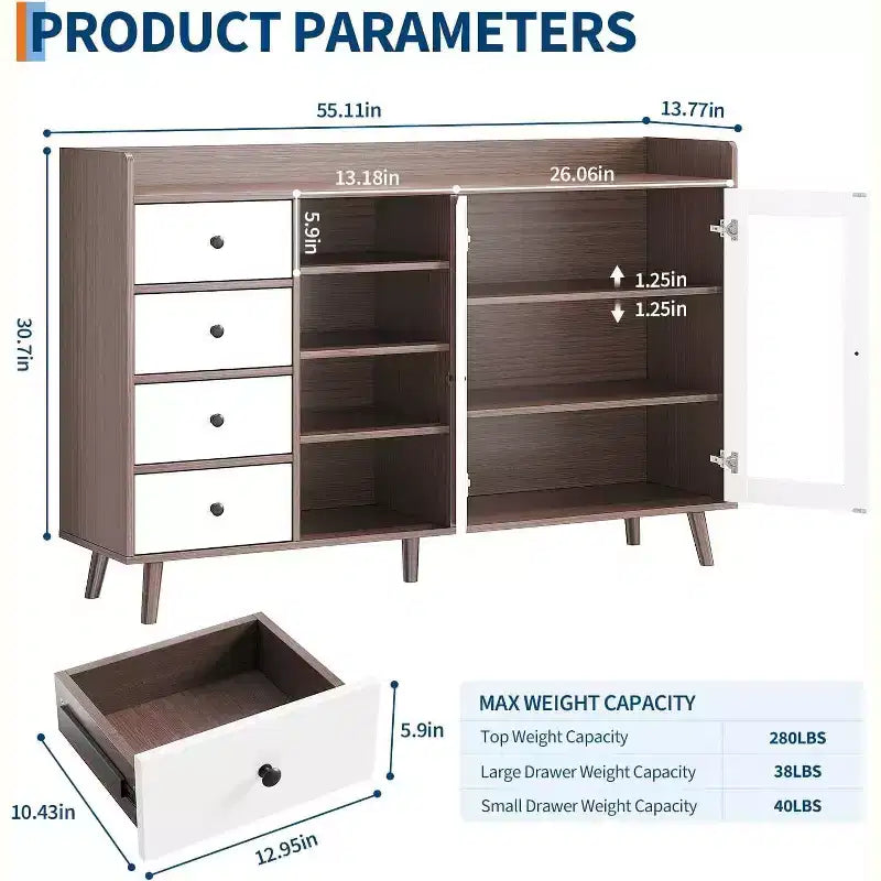 Mobile da Caffè da Fattoria con Contenitore, Credenza da Cucina da 55 con Ante in Vetro e Scaffali Aperti, Mobile Contenitore in Legno