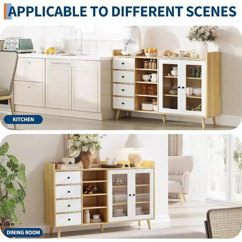 Mobile da Caffè da Fattoria con Contenitore, Credenza da Cucina da 55 con Ante in Vetro e Scaffali Aperti, Mobile Contenitore in Legno