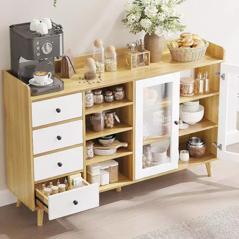Mobile da Caffè da Fattoria con Contenitore, Credenza da Cucina da 55 con Ante in Vetro e Scaffali Aperti, Mobile Contenitore in Legno