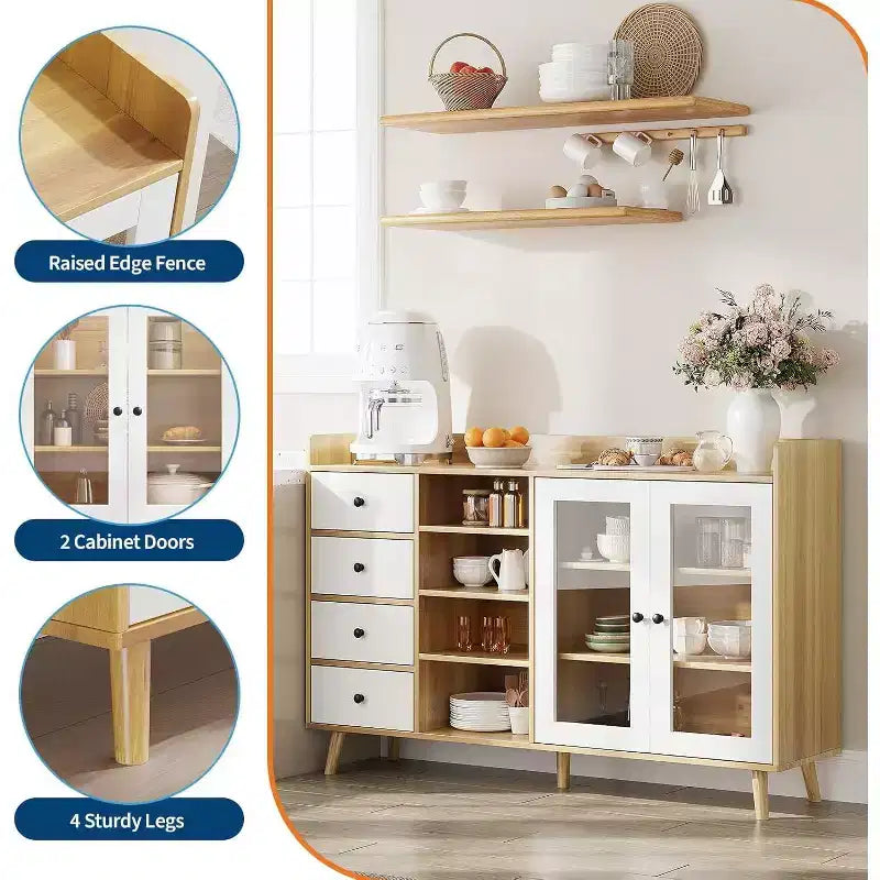 Mobile da Caffè da Fattoria con Contenitore, Credenza da Cucina da 55 con Ante in Vetro e Scaffali Aperti, Mobile Contenitore in Legno