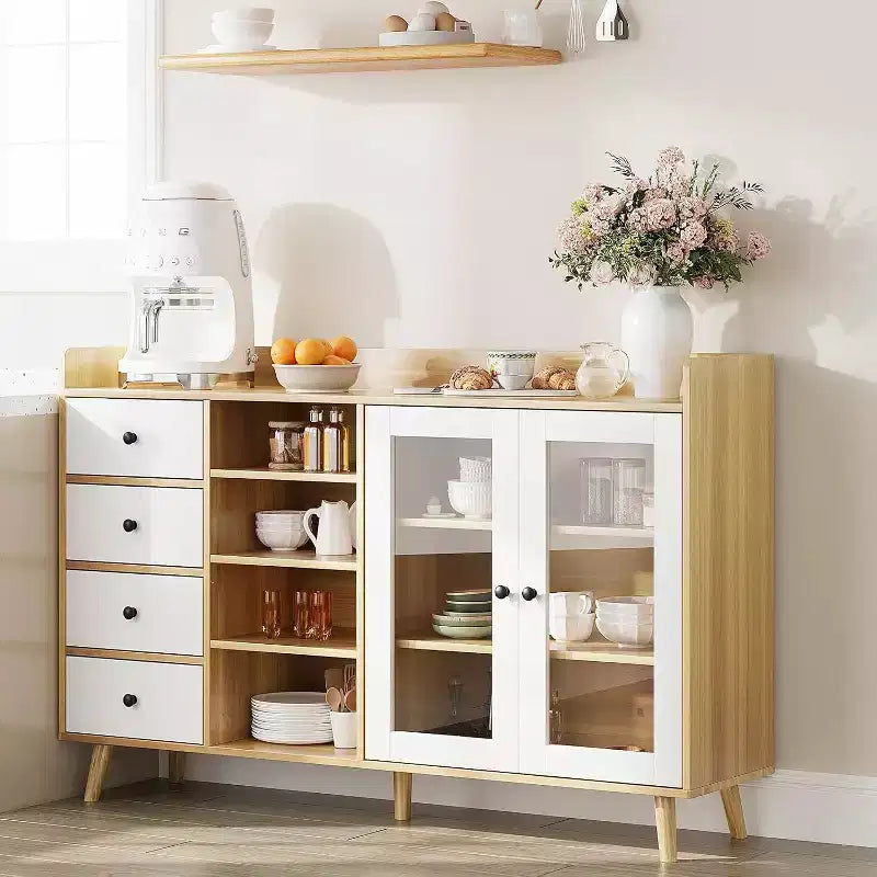 Mobile da Caffè da Fattoria con Contenitore, Credenza da Cucina da 55 con Ante in Vetro e Scaffali Aperti, Mobile Contenitore in Legno