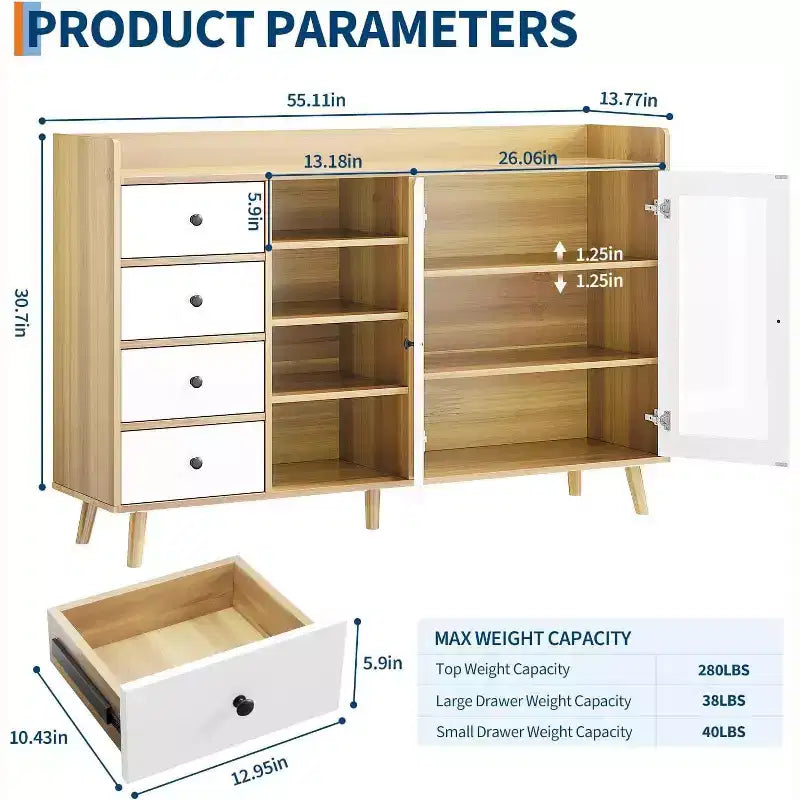 Mobile da Caffè da Fattoria con Contenitore, Credenza da Cucina da 55 con Ante in Vetro e Scaffali Aperti, Mobile Contenitore in Legno