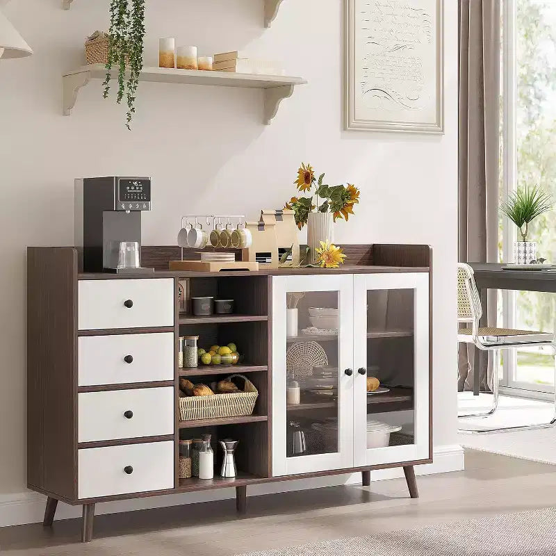 Mobile da Caffè da Fattoria con Contenitore, Credenza da Cucina da 55 con Ante in Vetro e Scaffali Aperti, Mobile Contenitore in Legno