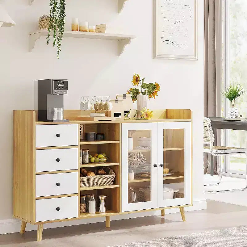 Farmhouse Coffee Bar Cabinet with Storage, 55 Kitchen Buffet Cabinet Sideboard with Glass Doors Open Shelves, Wood Sideboard Cabinets Storage