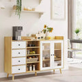 Farmhouse Coffee Bar Cabinet with Storage, 55 Kitchen Buffet Cabinet Sideboard with Glass Doors Open Shelves, Wood Sideboard Cabinets Storage
