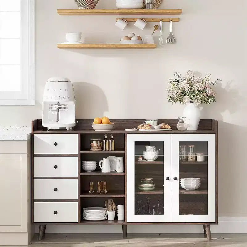 Meuble de bar à café de ferme avec rangement, Buffet de cuisine de 140 cm avec portes vitrées et étagères ouvertes, Meubles de rangement en bois