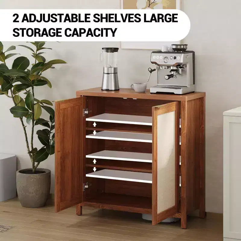 Mobiletto portaoggetti in rattan autoportante con ante e ripiani regolabili, Credenza moderna per soggiorno, sala da pranzo, cucina
