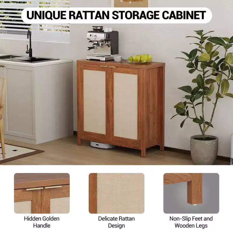 Mobiletto portaoggetti in rattan autoportante con ante e ripiani regolabili, Credenza moderna per soggiorno, sala da pranzo, cucina
