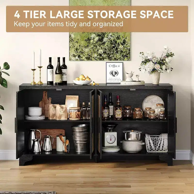 Madia Credenza in Rattan da 157 cm, Credenza a Quattro Ante, Mobile Contenitore Grande, Tavolo d'Appoggio Moderno Stile Fattoria, per Cucina, Sala da Pranzo