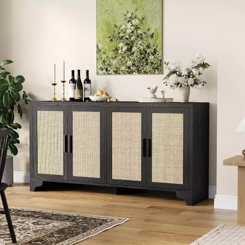 Madia Credenza in Rattan da 157 cm, Credenza a Quattro Ante, Mobile Contenitore Grande, Tavolo d'Appoggio Moderno Stile Fattoria, per Cucina, Sala da Pranzo