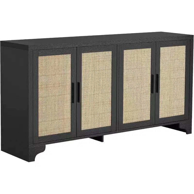 Madia Credenza in Rattan da 157 cm, Credenza a Quattro Ante, Mobile Contenitore Grande, Tavolo d'Appoggio Moderno Stile Fattoria, per Cucina, Sala da Pranzo