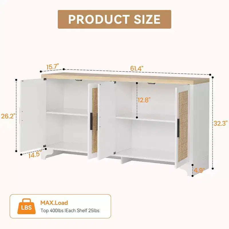 Madia Credenza in Rattan da 157 cm, Credenza a Quattro Ante, Mobile Contenitore Grande, Tavolo d'Appoggio Moderno Stile Fattoria, per Cucina, Sala da Pranzo