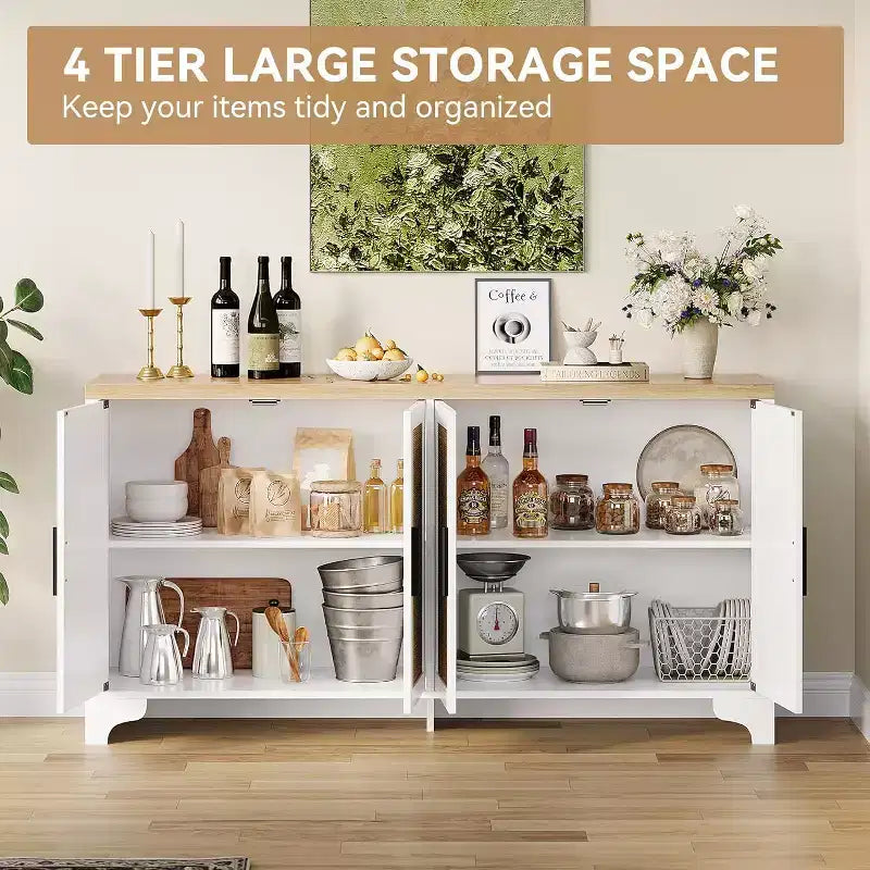 Madia Credenza in Rattan da 157 cm, Credenza a Quattro Ante, Mobile Contenitore Grande, Tavolo d'Appoggio Moderno Stile Fattoria, per Cucina, Sala da Pranzo