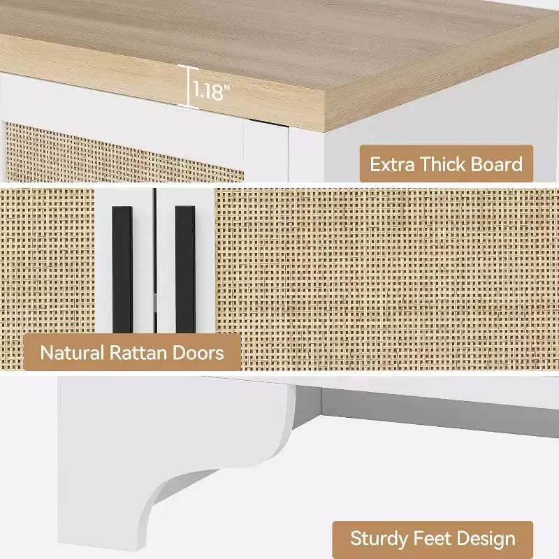 Madia Credenza in Rattan da 157 cm, Credenza a Quattro Ante, Mobile Contenitore Grande, Tavolo d'Appoggio Moderno Stile Fattoria, per Cucina, Sala da Pranzo