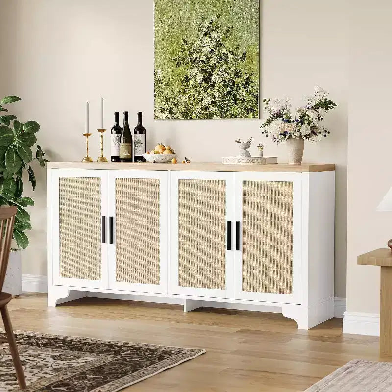 Madia Credenza in Rattan da 157 cm, Credenza a Quattro Ante, Mobile Contenitore Grande, Tavolo d'Appoggio Moderno Stile Fattoria, per Cucina, Sala da Pranzo