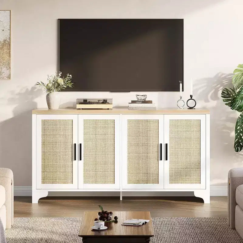 Madia Credenza in Rattan da 157 cm, Credenza a Quattro Ante, Mobile Contenitore Grande, Tavolo d'Appoggio Moderno Stile Fattoria, per Cucina, Sala da Pranzo