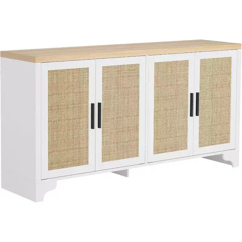 Madia Credenza in Rattan da 157 cm, Credenza a Quattro Ante, Mobile Contenitore Grande, Tavolo d'Appoggio Moderno Stile Fattoria, per Cucina, Sala da Pranzo