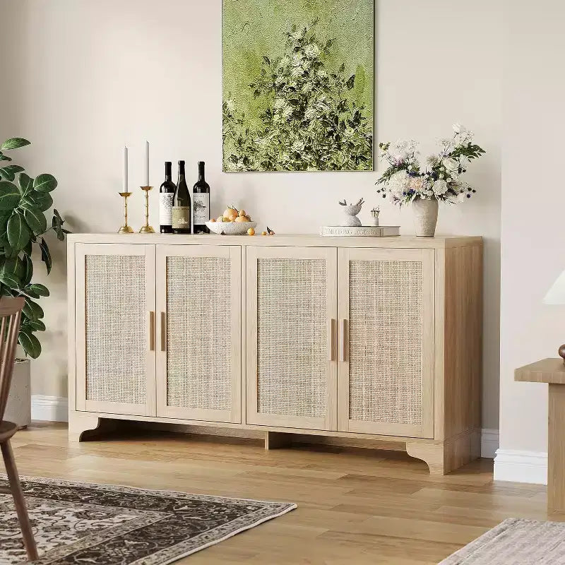 Madia Credenza in Rattan da 157 cm, Credenza a Quattro Ante, Mobile Contenitore Grande, Tavolo d'Appoggio Moderno Stile Fattoria, per Cucina, Sala da Pranzo