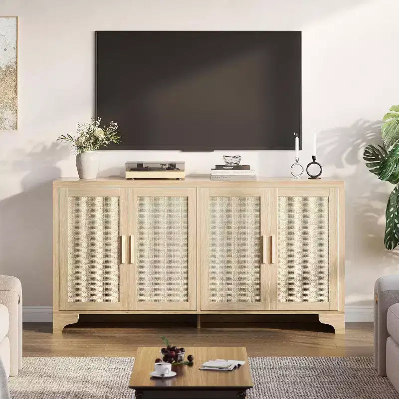 Madia Credenza in Rattan da 157 cm, Credenza a Quattro Ante, Mobile Contenitore Grande, Tavolo d'Appoggio Moderno Stile Fattoria, per Cucina, Sala da Pranzo