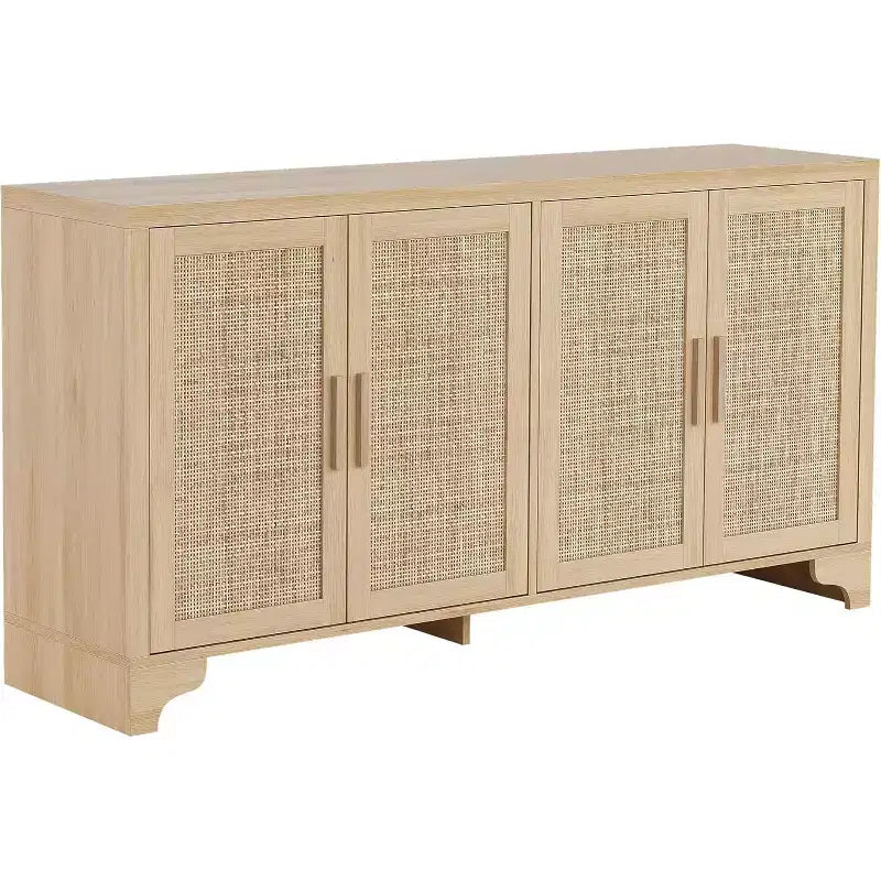 Madia Credenza in Rattan da 157 cm, Credenza a Quattro Ante, Mobile Contenitore Grande, Tavolo d'Appoggio Moderno Stile Fattoria, per Cucina, Sala da Pranzo