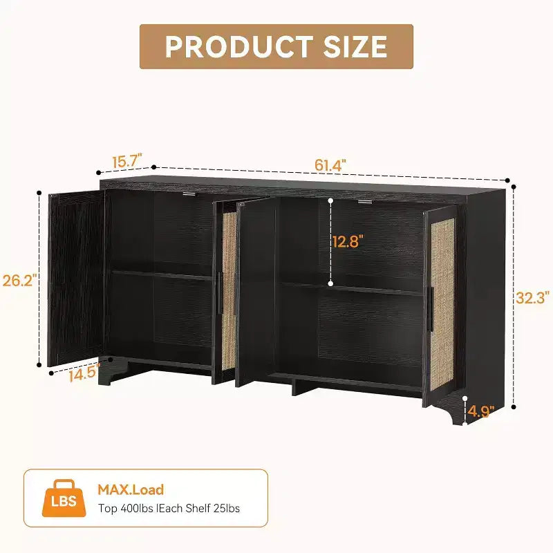 Madia Credenza in Rattan da 157 cm, Credenza a Quattro Ante, Mobile Contenitore Grande, Tavolo d'Appoggio Moderno Stile Fattoria, per Cucina, Sala da Pranzo