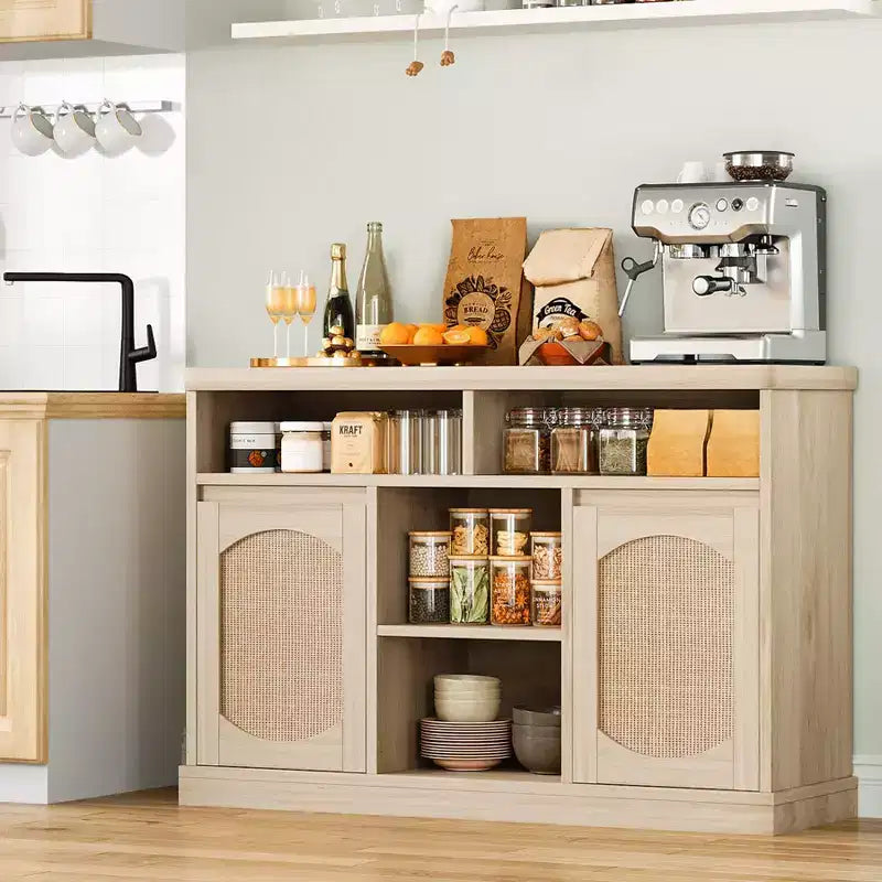Buffet en rotin avec rangement - Desserte de rangement 47", 2 portes en rotin, accents en bois naturel, pour bar à café, cuisine, salle à manger ou salon