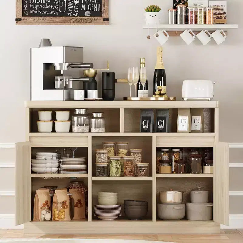 Buffet en rotin avec rangement - Desserte de rangement 47", 2 portes en rotin, accents en bois naturel, pour bar à café, cuisine, salle à manger ou salon