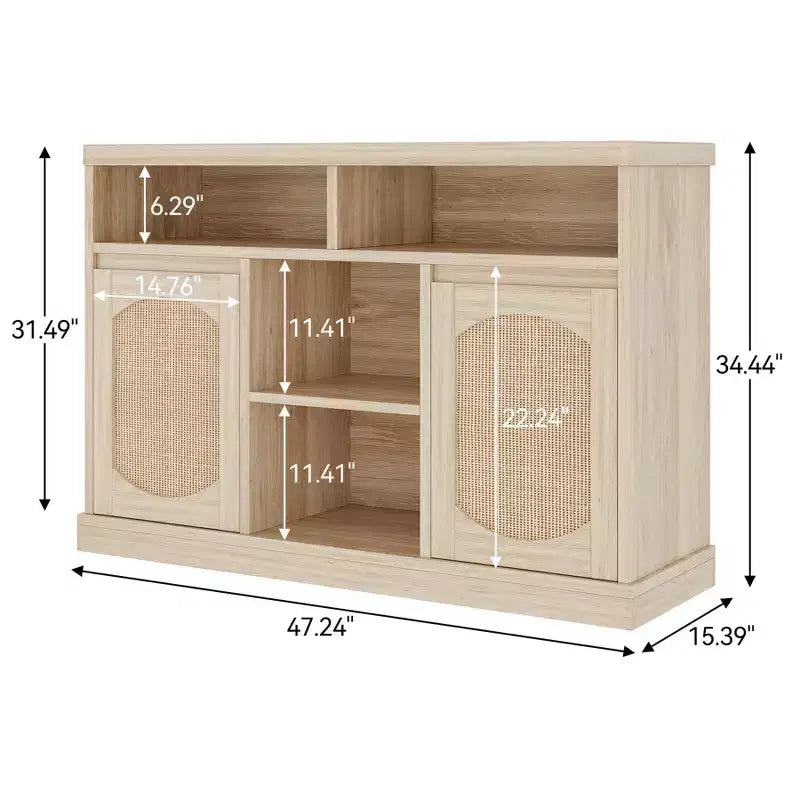 Buffet en rotin avec rangement - Desserte de rangement 47", 2 portes en rotin, accents en bois naturel, pour bar à café, cuisine, salle à manger ou salon