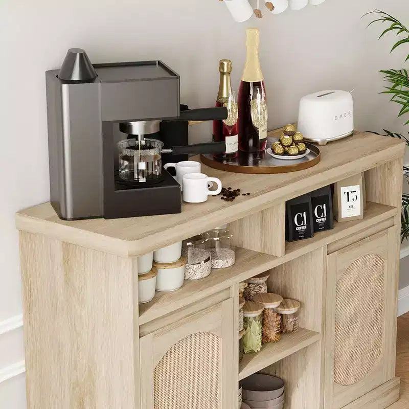 Buffet en rotin avec rangement - Desserte de rangement 47", 2 portes en rotin, accents en bois naturel, pour bar à café, cuisine, salle à manger ou salon