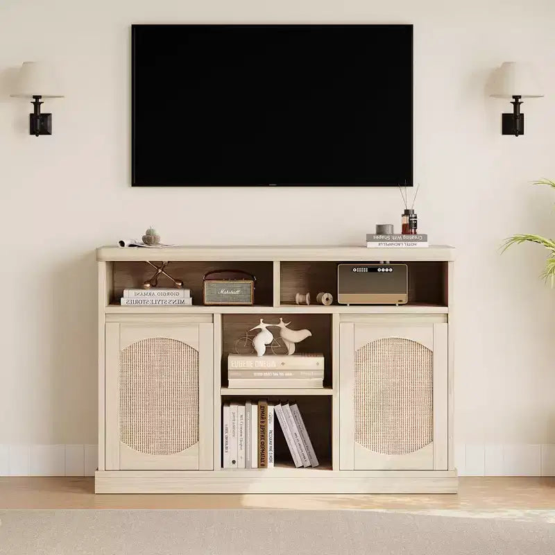 Buffet en rotin avec rangement - Desserte de rangement 47", 2 portes en rotin, accents en bois naturel, pour bar à café, cuisine, salle à manger ou salon