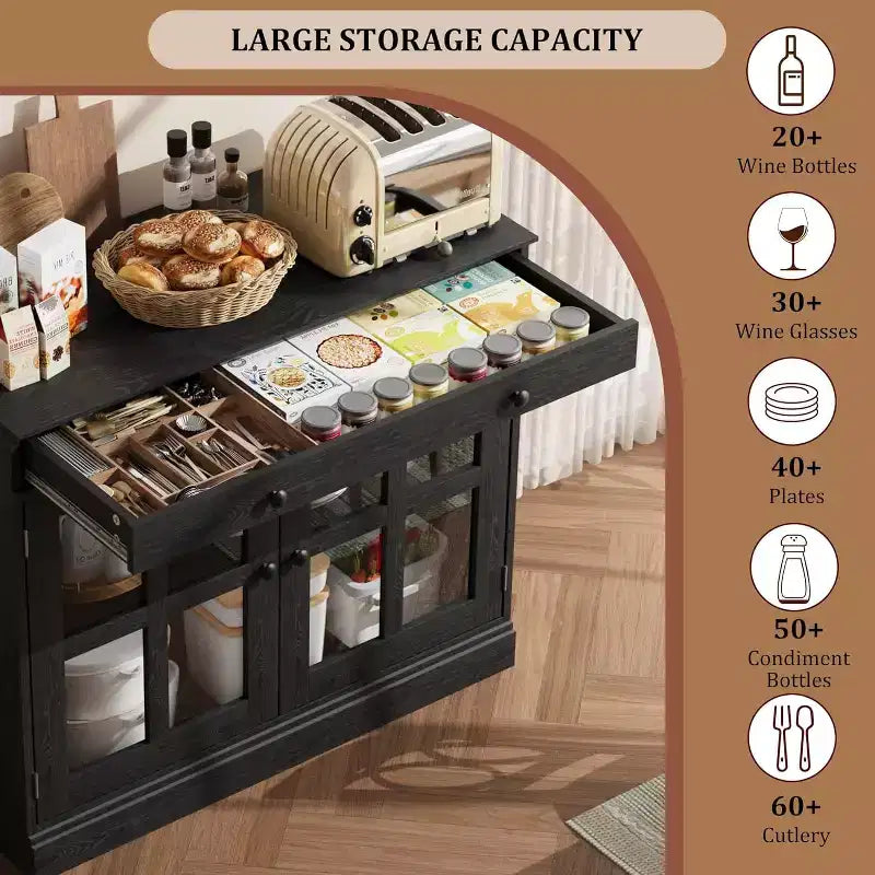 Credenza da cucina, buffet a 2 ante in vetro, cassetto in legno, pannello posteriore in MDF, mobile bar moderno con ripiano regolabile