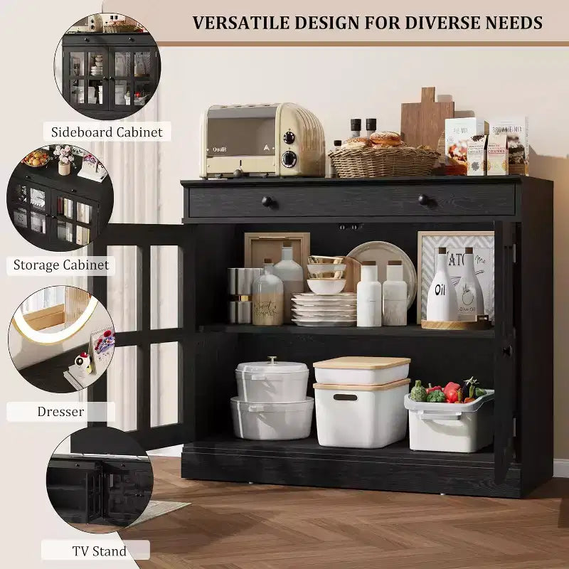 Credenza da cucina, buffet a 2 ante in vetro, cassetto in legno, pannello posteriore in MDF, mobile bar moderno con ripiano regolabile