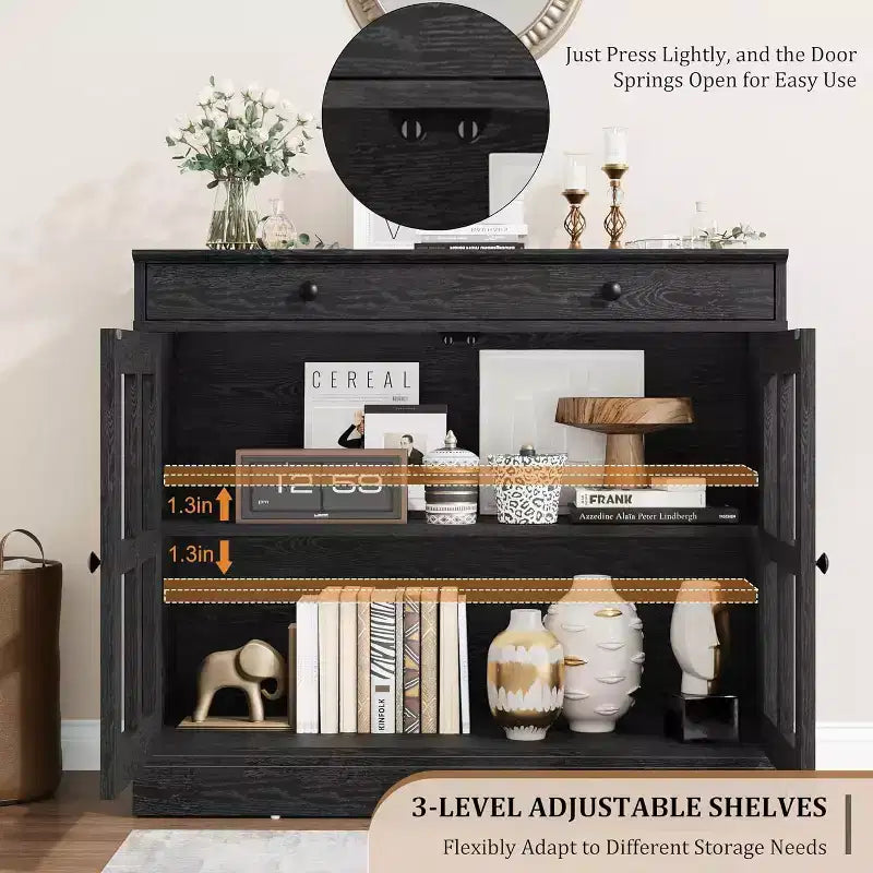 Credenza da cucina, buffet a 2 ante in vetro, cassetto in legno, pannello posteriore in MDF, mobile bar moderno con ripiano regolabile