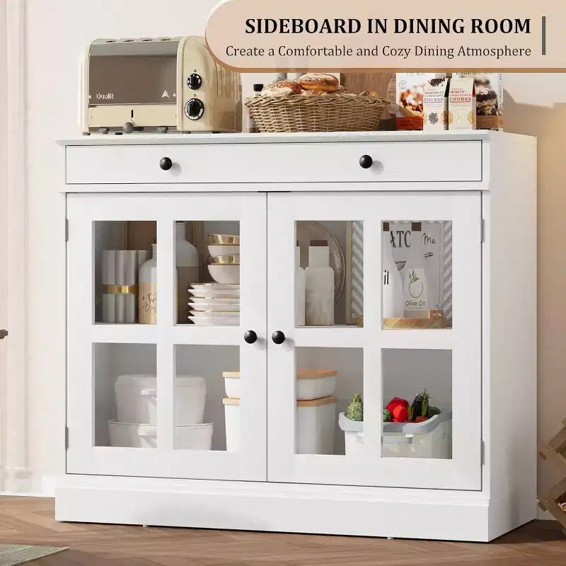 Credenza da cucina, buffet a 2 ante in vetro, cassetto in legno, pannello posteriore in MDF, mobile bar moderno con ripiano regolabile