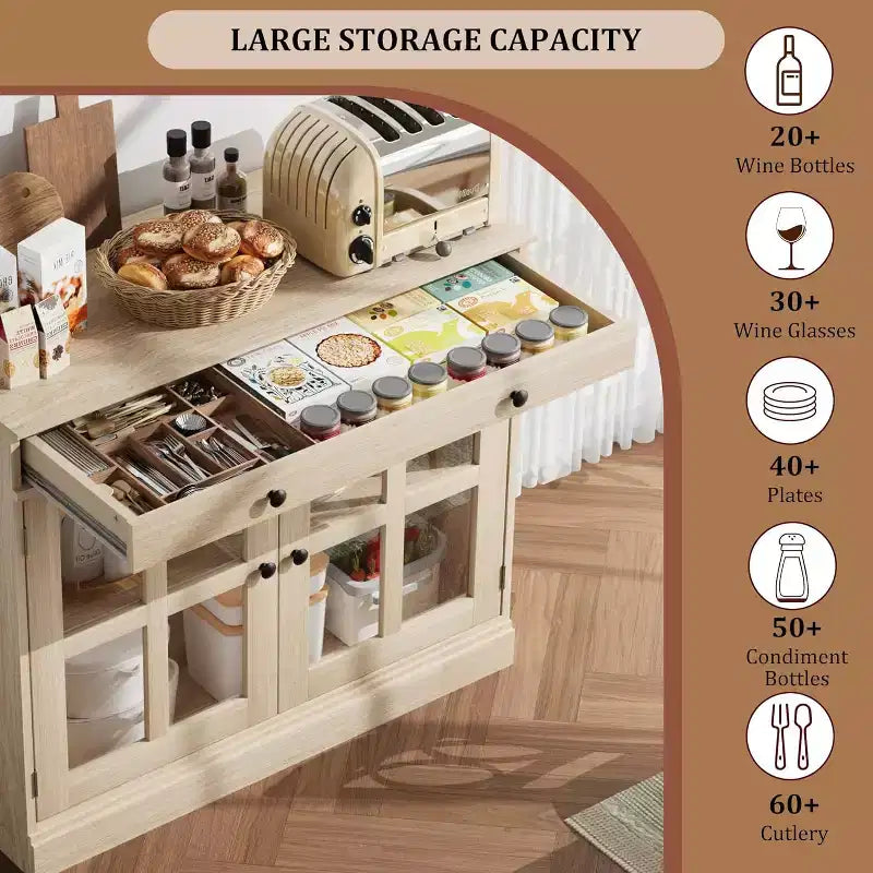 Credenza da cucina, buffet a 2 ante in vetro, cassetto in legno, pannello posteriore in MDF, mobile bar moderno con ripiano regolabile