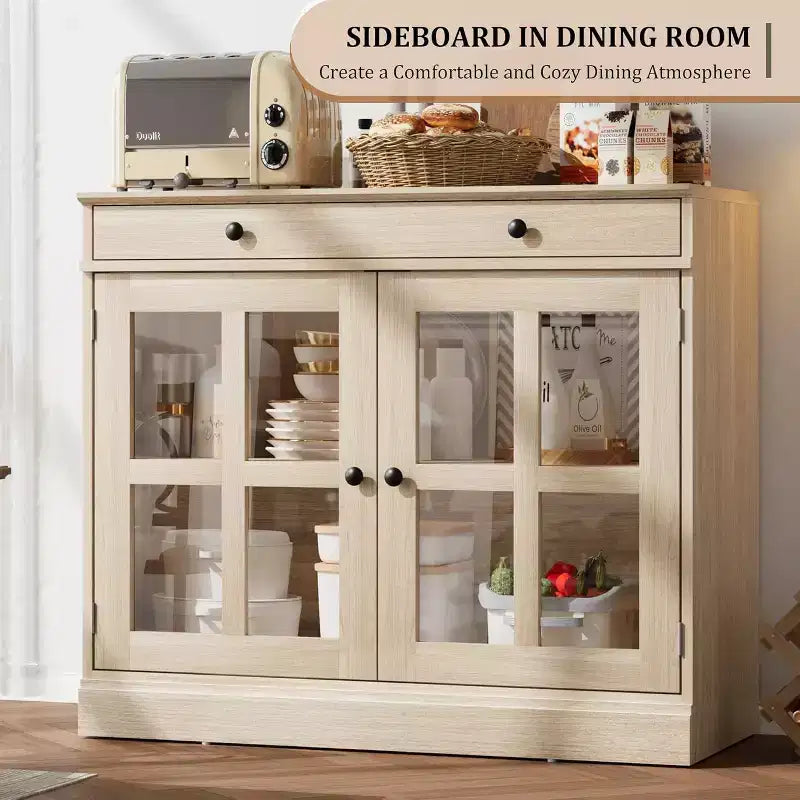Credenza da cucina, buffet a 2 ante in vetro, cassetto in legno, pannello posteriore in MDF, mobile bar moderno con ripiano regolabile