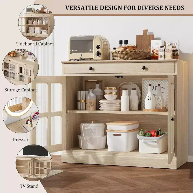 Credenza da cucina, buffet a 2 ante in vetro, cassetto in legno, pannello posteriore in MDF, mobile bar moderno con ripiano regolabile