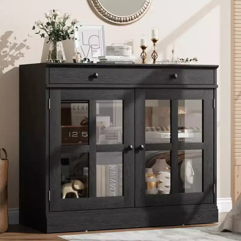 Credenza da cucina, buffet a 2 ante in vetro, cassetto in legno, pannello posteriore in MDF, mobile bar moderno con ripiano regolabile