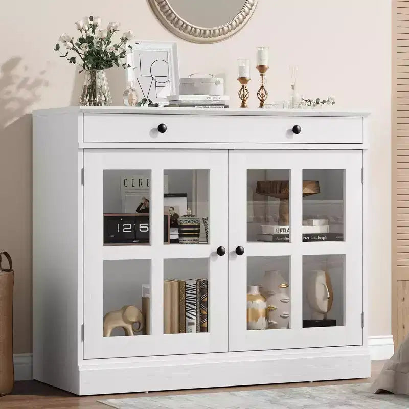 Credenza da cucina, buffet a 2 ante in vetro, cassetto in legno, pannello posteriore in MDF, mobile bar moderno con ripiano regolabile