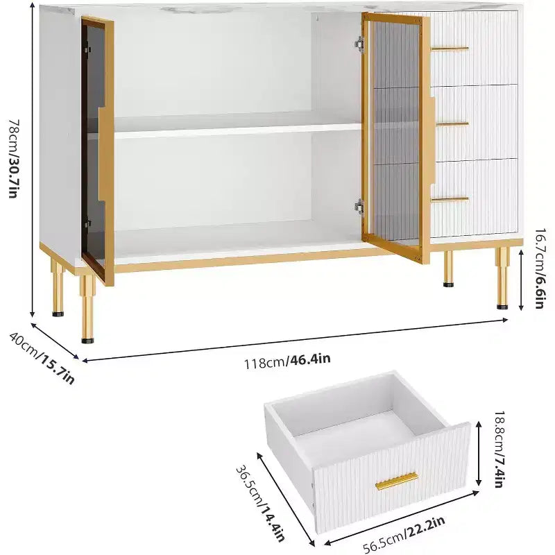 46.4 Mobile Credenza a Buffet con Ante in Vetro, 3 Cassetti e Ripiani, Top in Marmo, per Sala da Pranzo e Cucina