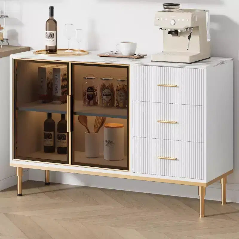 46.4 Mobile Credenza a Buffet con Ante in Vetro, 3 Cassetti e Ripiani, Top in Marmo, per Sala da Pranzo e Cucina