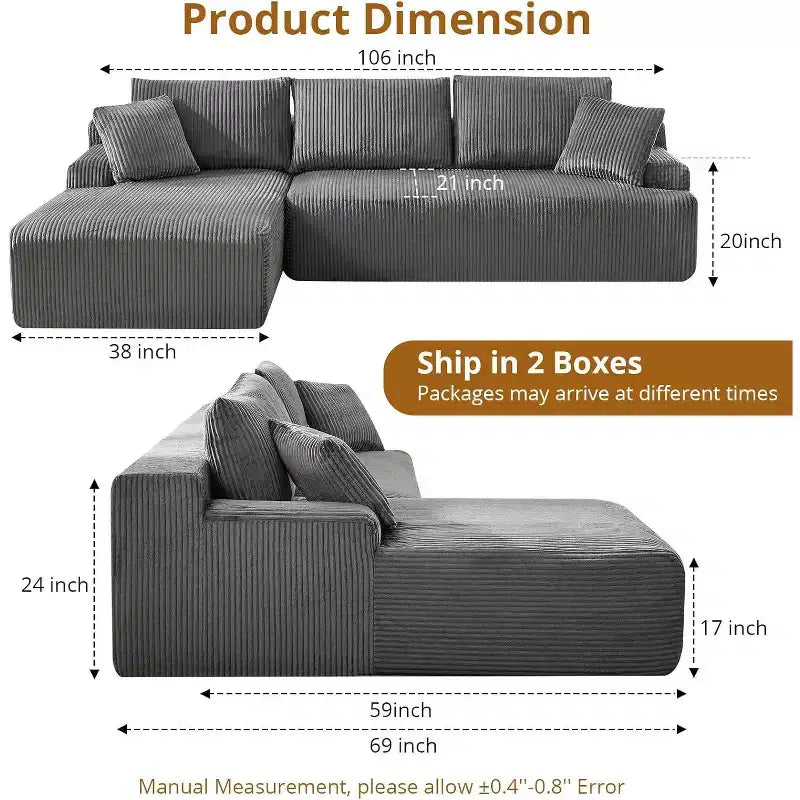 Divano a Nuvola con Chaise longue a L, Divano Sezionale Modulare Senza Struttura in Corduroy, Moderno, Nessun Montaggio Richiesto per Soggiorno, Appartamento e Spazi Ridotti