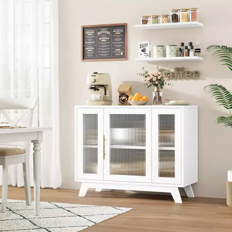 Credenza con Mobile Contenitore, Mobile Contenitore da 36 pollici con Anta in Vetro Scanalato, Mobile Bar Retrò con Ripiano Regolabile, Bianco