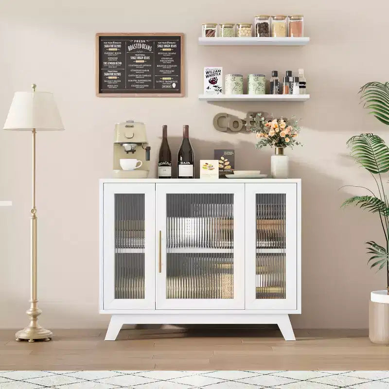 Credenza con Mobile Contenitore, Mobile Contenitore da 36 pollici con Anta in Vetro Scanalato, Mobile Bar Retrò con Ripiano Regolabile, Bianco