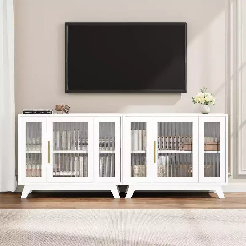 Credenza con Mobile Contenitore, Mobile Contenitore da 36 pollici con Anta in Vetro Scanalato, Mobile Bar Retrò con Ripiano Regolabile, Bianco