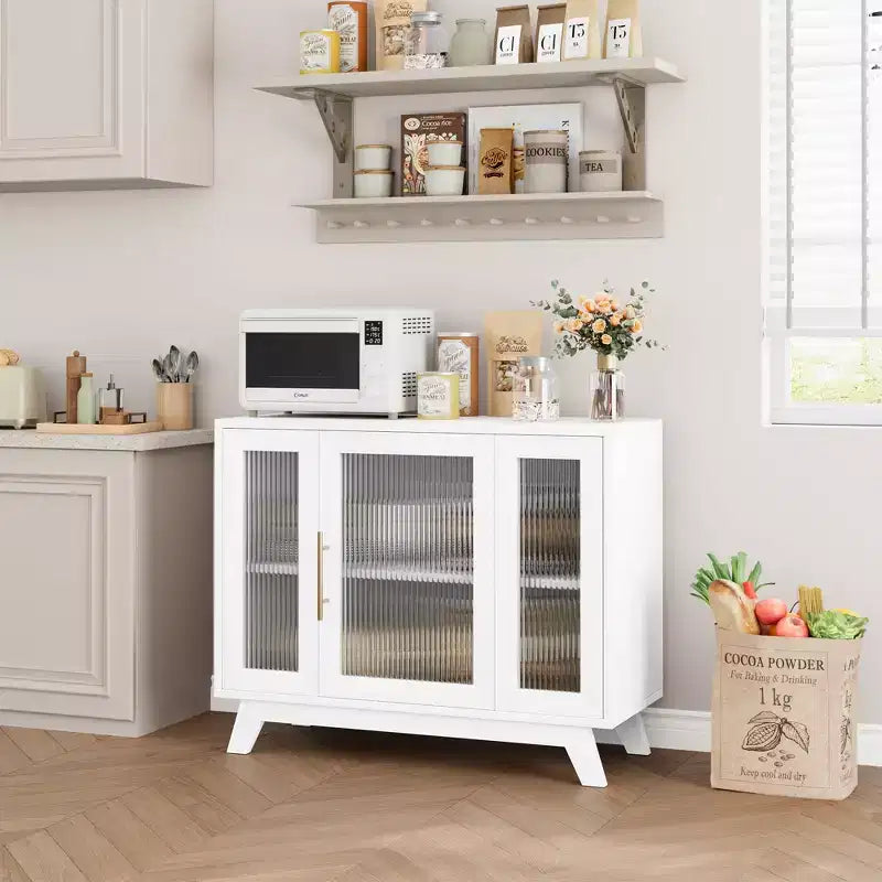 Credenza con Mobile Contenitore, Mobile Contenitore da 36 pollici con Anta in Vetro Scanalato, Mobile Bar Retrò con Ripiano Regolabile, Bianco