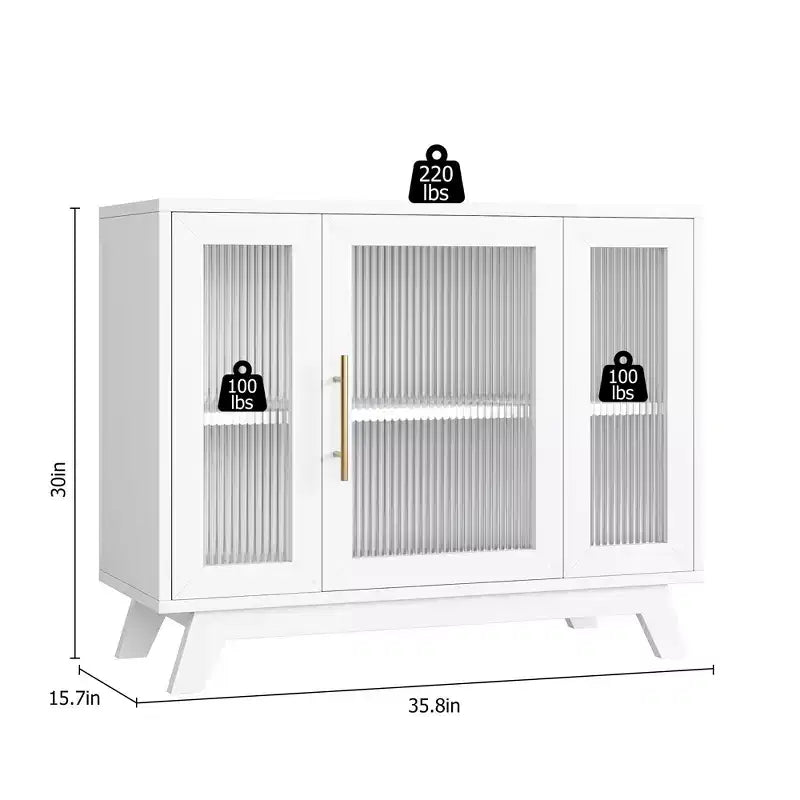 Credenza con Mobile Contenitore, Mobile Contenitore da 36 pollici con Anta in Vetro Scanalato, Mobile Bar Retrò con Ripiano Regolabile, Bianco